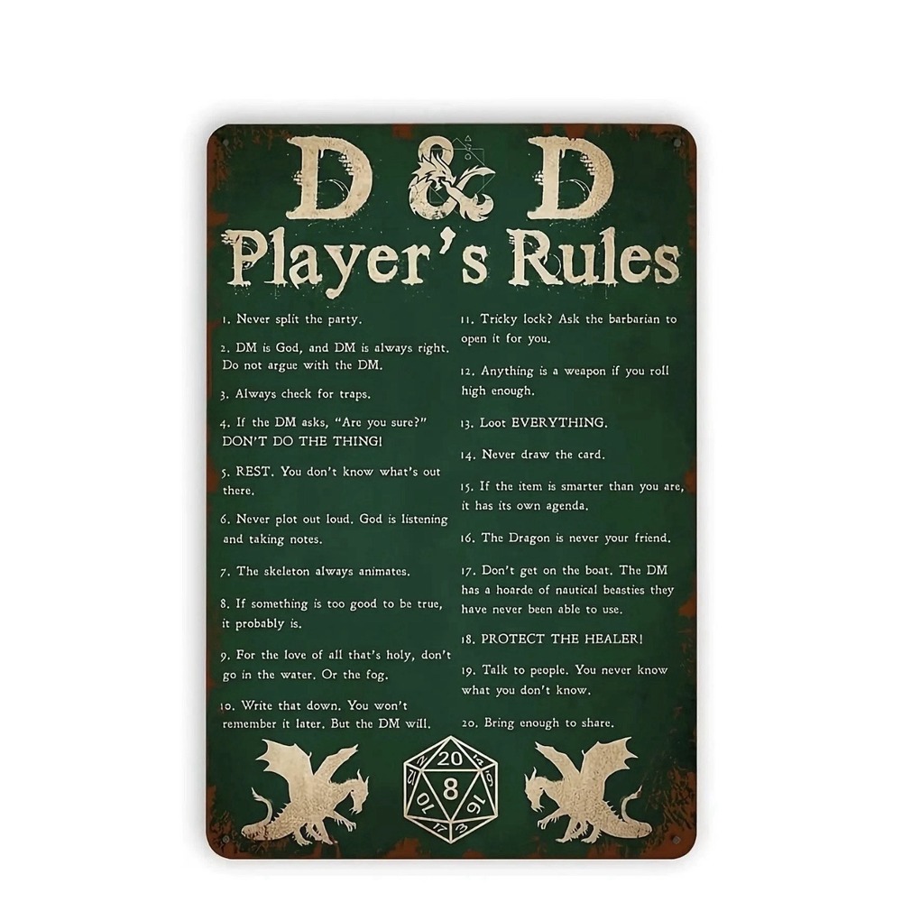 D&D Player Rules Metal Wall Art Sign Poster Dungeons and Dragons Den Man Cave